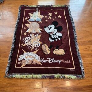 Walt Disney World burgundy and brown throw blanket with Mickey Mouse design